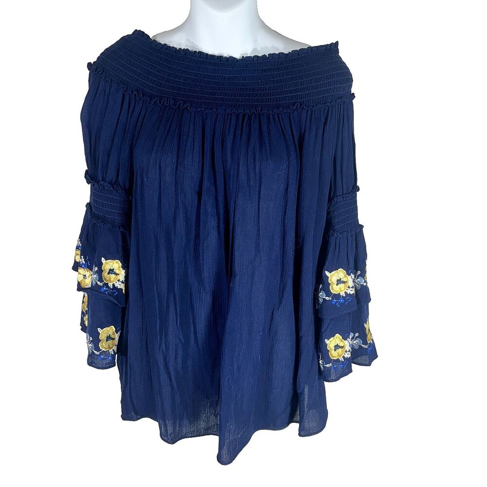 Max Edition L Top Peasant Embroidered Floral Sleeves Smocked Navy Blue Boho